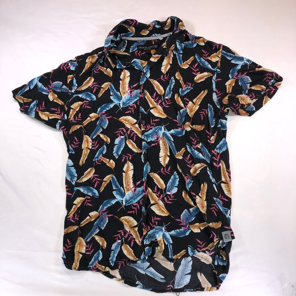 Free Planet Mens Large Black Tropical Viscose Short Sleeve Button Down Shirt